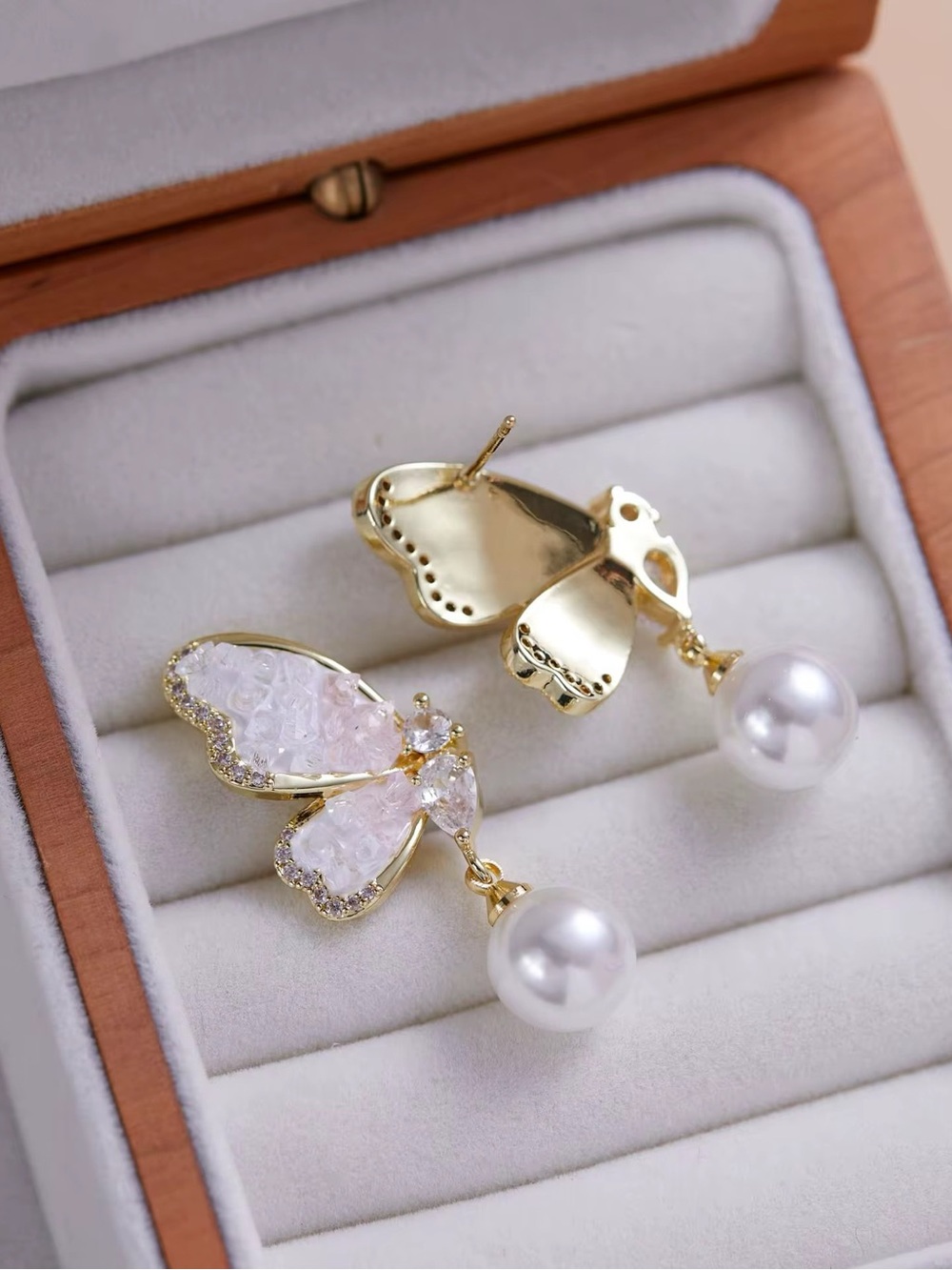 Gold Butterfly Pearl Drop Earrings in Soft Pink and White